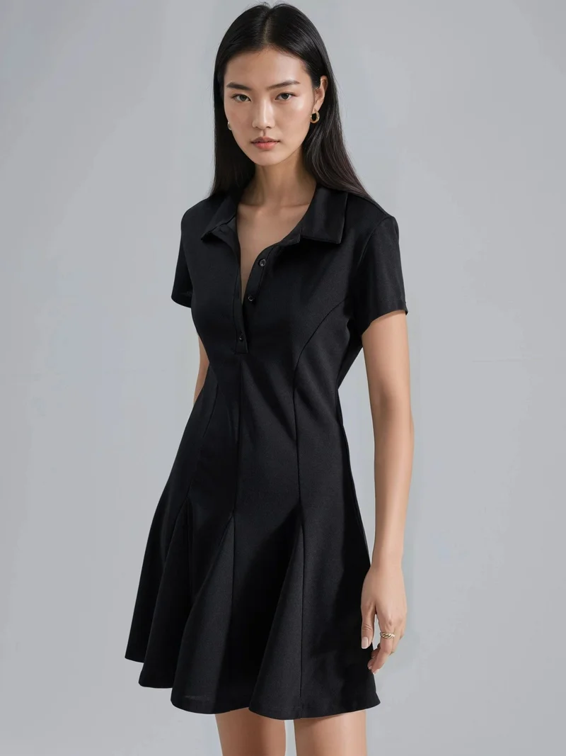 بوسيم فستان بياقة قميص مصغر من الكريب بأزرار